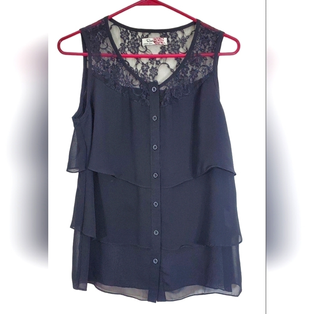 Romy Blouse Tiered Sleeveless Sheer Floral Lace Button Front Scoop Neck Sz Small